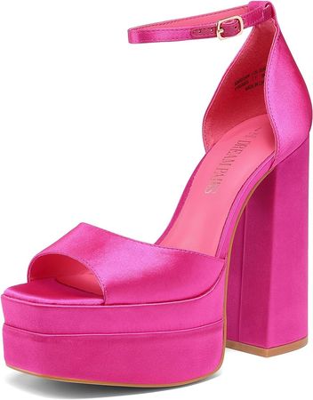 Amazon.com | DREAM PAIRS Hot Pink Satin High Heels Chunky Block Platform Heels for Women Ankle Strap Sexy Open Square Toe Heels Dressy Pumps Sandals SDHS2324W Size 8.5 | Heeled Sandals