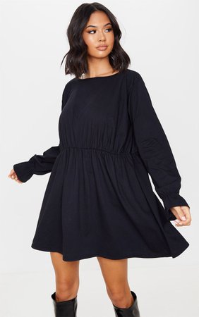 Black Long Sleeve Frill Cotton Elastane Cuff Smock Dress | PrettyLittleThing