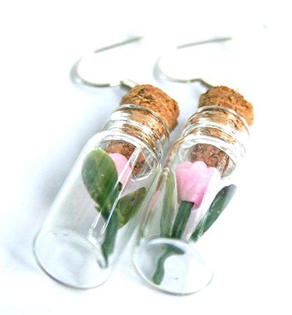 Amazon.com: Handmade Pink Flower in Glass Bottle with a Cork Earring: Jewelry