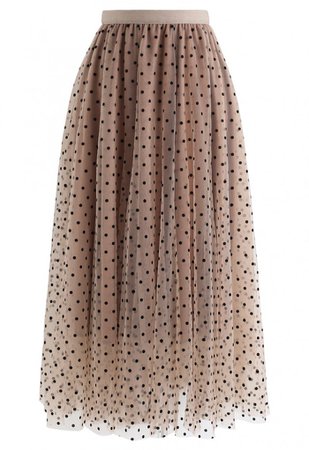 Full Polka Dots Double-Layered Mesh Tulle Skirt in Caramel - NEW ARRIVALS - Retro, Indie and Unique Fashion