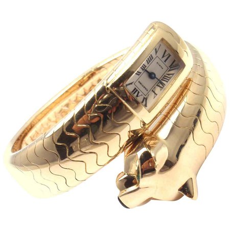 Cartier Yellow Gold Emerald Panther Panthere Bangle quartz Wristwatch For Sale at 1stdibs