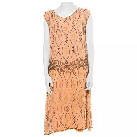 1920S Peach Beaded Silk Chiffon Art Deco Flapper Cocktail Dress "As Is" For Sale at 1stDibs