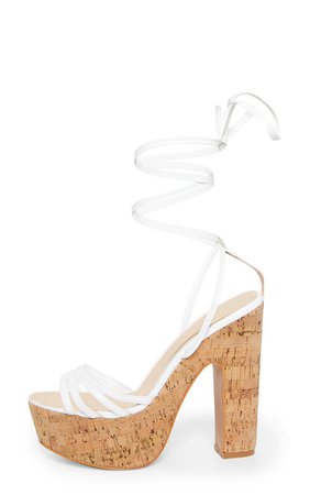 White Multi Strappy Ankle Tie Cork Platform Heeled Wedge Sandals | PrettyLittleThing USA