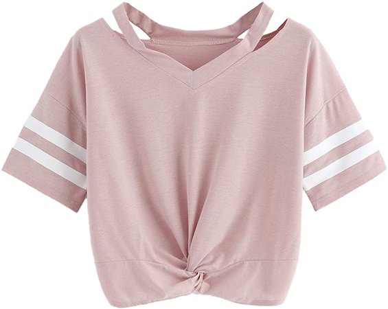 SweatyRocks Women's Short Sleeve Cut Out V Neck Twist Front Crop Top T-Shirt at Amazon Women’s Clothing store