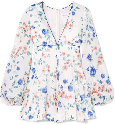 Bluebell Floral-print Cotton And Silk-blend Mini Dress - White