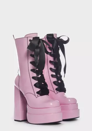 Widow Patent Lace-Up Combat Heeled Boots - Pink – Dolls Kill