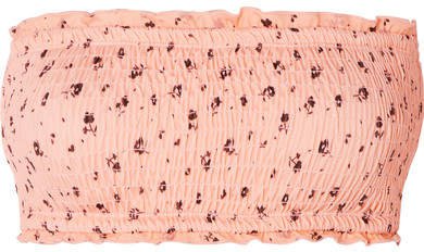 Peony - Smocked Floral-print Bandeau Bikini Top - Pastel pink