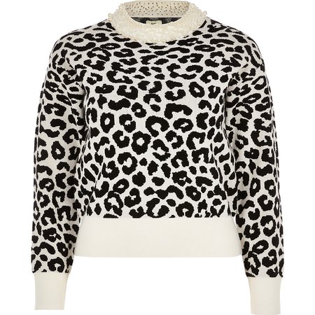 Cream leopard print pearl knitted jumper | River Island