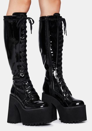 *clipped by @luci-her* Widow Patent Platform Knee High Boots - Black | Dolls Kill