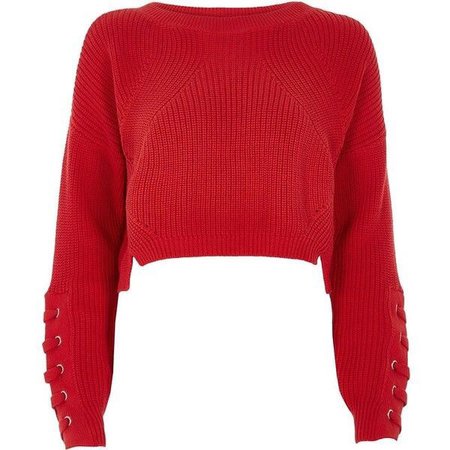 River Island Red Lace-Up Eyelet Cropped Sweater