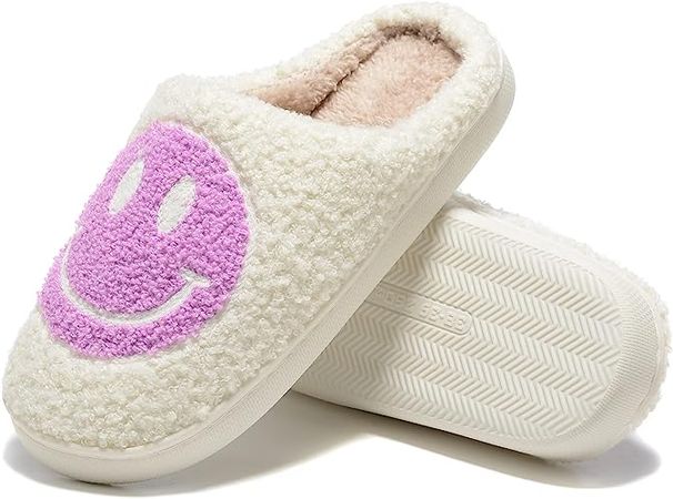 Purple 2.0 Retro Fuzzy Face Slippers for Women Men, Retro Soft Fluffy Warm Home Non-Slip Couple Style Casual Smiley Face Slippers Indoor Outdoor Anti-Skid Warm Cozy Foam Slide Fuzzy Slides with Soft Memory Foam Shoes | Shoes