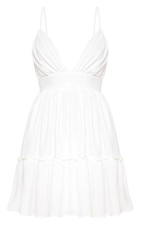 White Ruched Frill Detail Strappy Skater Dress | PrettyLittleThing