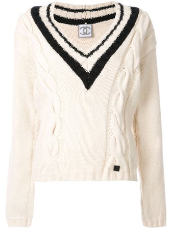 Shop white Chanel Pre-Owned 2006 cable knit V-neck jumper with Express Delivery - Farfetch