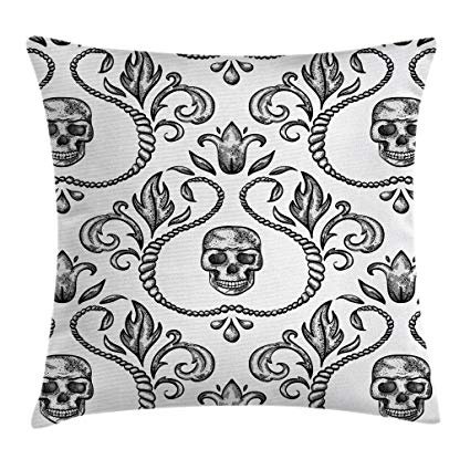 Ambesonne Gothic Throw Pillow Cushion Cover, Ornament with Skull Goth Skeleton Floral Design in Baroque Style Illustration, Decorative Square Accent Pillow Case, 18 X 18 Inches, Black and White: Home & Kitchen