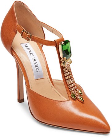 Alexis Isabel - Bejeweled Baby Toffee Leather T-Strap Pumps