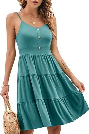 YATHON Sundresses for Juniors Strapless Strap Dress Casual Dresses for Women Beach Spaghetti Strap Dress Button Down Dress (L, YT140-Sky Blue) at Amazon Women’s Clothing store
