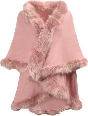ZLYC Women Fine Knit Open Front Faux Fur Trim Layers Poncho Cape Cardigan Sweater (Solid Pink) at Amazon Women’s Clothing store