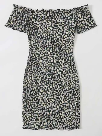 Ditsy Floral Print Off Shoulder Lettuce Edge Dress | SHEIN USA black