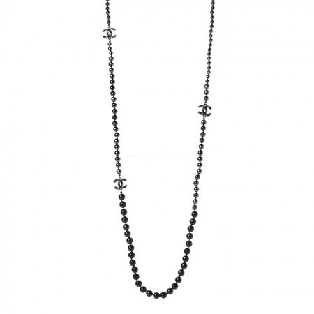 CHANEL Ruthenium Crystal Baguette Pearl Beaded CC Long Necklace Black Grey 413663