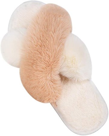 Amazon.com | Women's Cross Band Slippers Soft Plush Furry Cozy Open Toe House Shoes Indoor Outdoor Faux Rabbit Fur Warm Comfy Slip On Breathable | Slippers