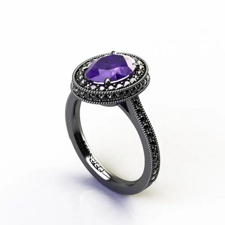 Ferucci & Co. 1.5 Carat Natural Purple Amethyst 0.52 Carat Black Diamonds 18 Karat Gold Ring