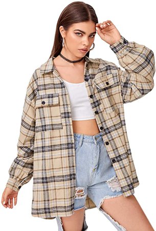 SweatyRocks Women's Long Sleeve Collar Long Button Down Plaid Shirt Blouse Tops at Amazon Women’s Clothing store