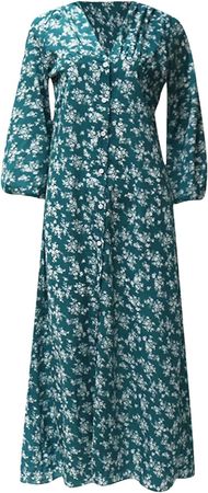 Women Floral V-Neck Maxi Dress Long Puff Sleeve Flared Dress Fashion Buttons Swing A-Line Dresses at Amazon Women’s Clothing store