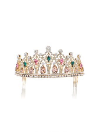 Gold pink and green rhinestone tiara