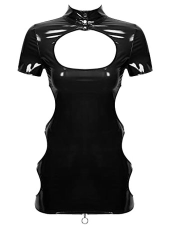 *clipped by @luci-her* Yanarno Women's PVC Leather Wetlook Tank Dress Cut Out Harness Bodycon