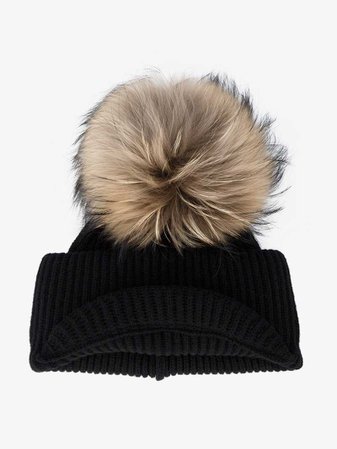 Inverni Black Ribbed Cashmere Hat with Visor and Fur Pom Pom On Sale | Browns