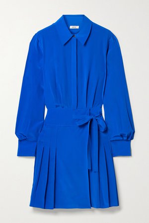 Bright blue Pleated silk crepe de chine mini shirt dress | Jason Wu | NET-A-PORTER