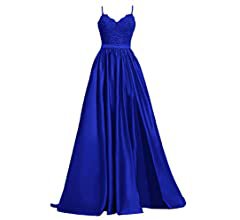Amazon.com: APXPF Women's Lace Prom Dresses Long Satin Slit Formal Evening Gowns with Pockets Pink US24: Clothing