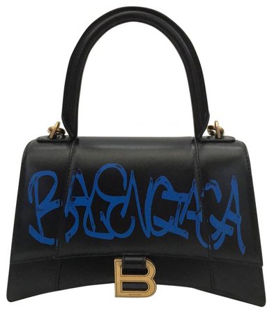 Balenciaga Graffiti Rare Special Edition Top Handle with Strap Small Hourglass Black and Royal Blue Calfskin Leather Cross Body Bag - Tradesy