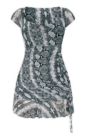 Grey Snake Print Mesh Cap Sleeve Ruched Frill Hem Bodycon Dress | PrettyLittleThing USA