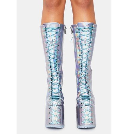 Current Mood Holographic Lace Up Platform Boots - Silver | Dolls Kill