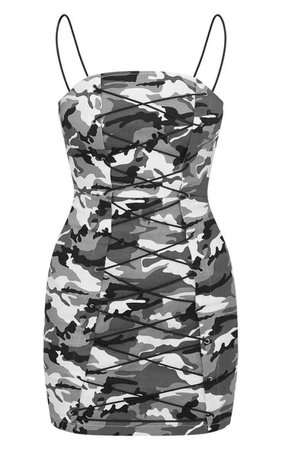 Grey Camouflage Lace Up Bodycon Dress