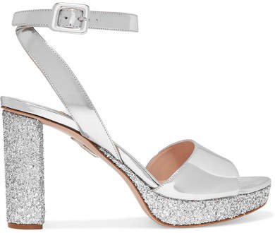 Glittered Mirrored-leather Platform Sandals - Silver