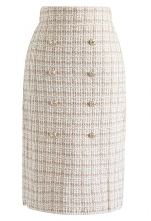 Buttons Decorated Grid Pencil Midi Skirt in Light Tan - Retro, Indie and Unique Fashion