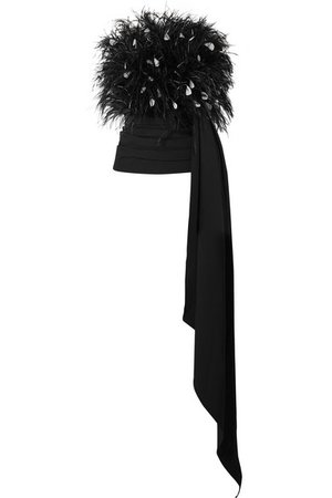 Oscar de la Renta | Strapless draped feather-embellished tulle and ruched wool-blend top | NET-A-PORTER.COM