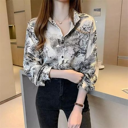 Amazon.com: N/A Ink Style Chiffon Blouse for Women Spring Women's Clothing Tops for Women Korean Fashion Elegant Blouse Shirt Female (Color : A, Size : XL Code) : Clothing, Shoes & Jewelry