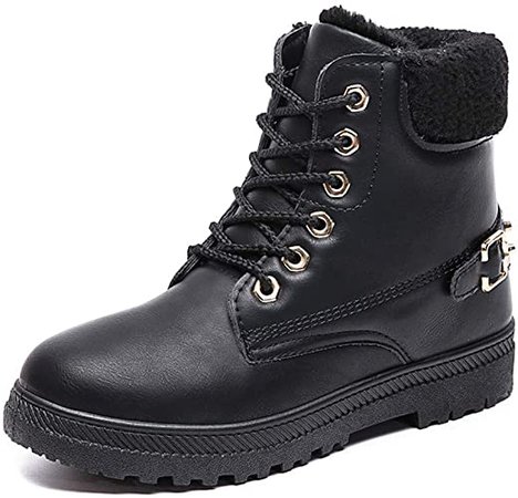 Amazon.com | Women's Winter Snow Boots Lace Up Leather Low Heel Work Combat Ankle Bootie Round Toe Waterproof Anti-Slip Hiking Trekking Walking Shoes Black | Ankle & Bootie