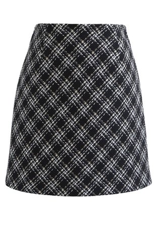 Plaid Pattern Tweed Mini Bud Skirt in Black - Retro, Indie and Unique Fashion