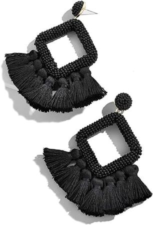 Amazon.com: Beaded Tassel Drop Earrings – Statement Hoop Fringe Earrings Dangle, Gift Idea for Women, Girl, Mother, Sister, Daily Wearing (Black Square): Clothing, Shoes & Jewelry