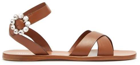 Crystal Buckle Leather Sandals - Womens - Tan