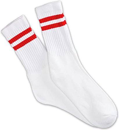 Amazon.com: 12 Pairs white unisex crew socks with two red stripes classic retro old school: Clothing