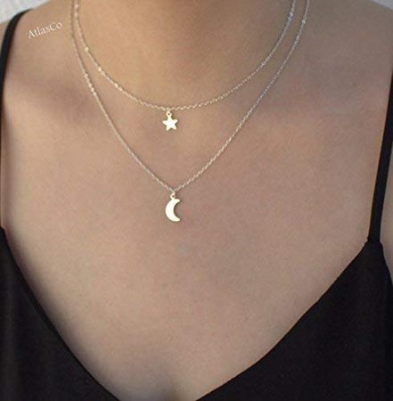 Amazon.com: Crescent and Star Silver Moon and Star Layering Necklace, gold moon necklace, double strand, gold star necklace, silver star.: Handmade