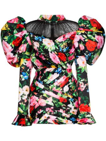 Richard Quinn Floral Print Puff-Sleeve Dress RQSS2034 Black | Farfetch