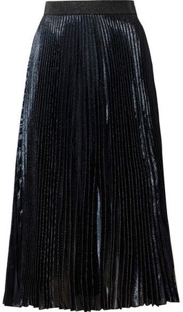 Pleated Lamé Midi Skirt - Navy