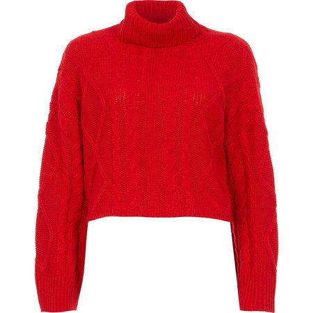 Red cable knitted roll neck crop jumper | River Island