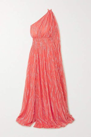 One-shoulder Glittered Chiffon Gown - Coral